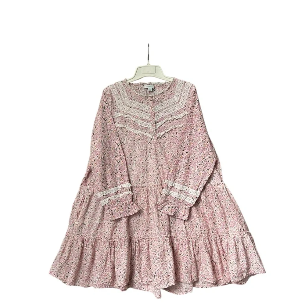 Sundance Pink Floral Nightgown Sleep Dress‎ Tiered Lace Trim Ruffle Cotton M